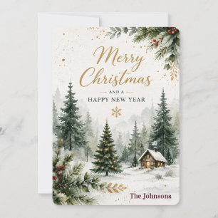 Elegant Watercolor Winter Forest Merry Christmas Holiday Card