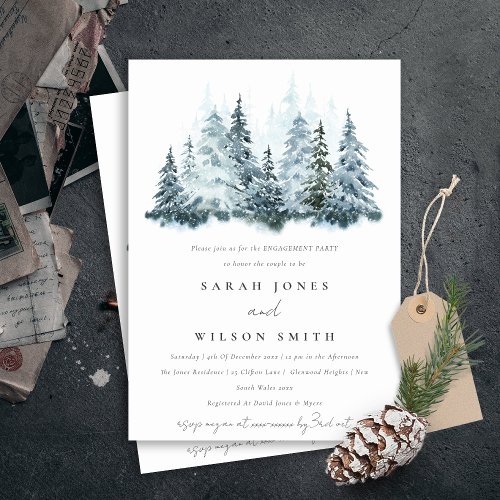 Elegant Watercolor Winter Forest Pine Engagement Invitation