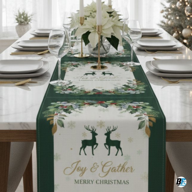 Elegant Watercolor Winter Greenery Christmas Short Table Runner (Table Runner)