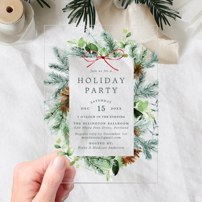 Elegant Watercolor Winter Greenery Holiday Party Acrylic Invitations (Creator Uploaded)