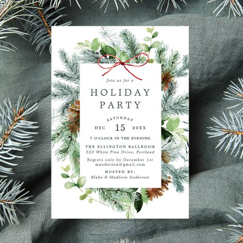 Elegant Watercolor Winter Greenery Holiday Party Invitation