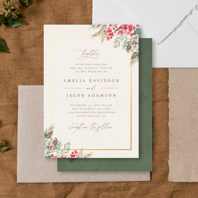 Elegant Watercolor Winter Greenery Wedding Foil Invitation (Creator Uploaded)