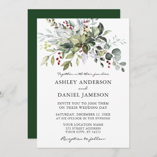 Elegant Watercolor Winter Greenery Wedding Invitation