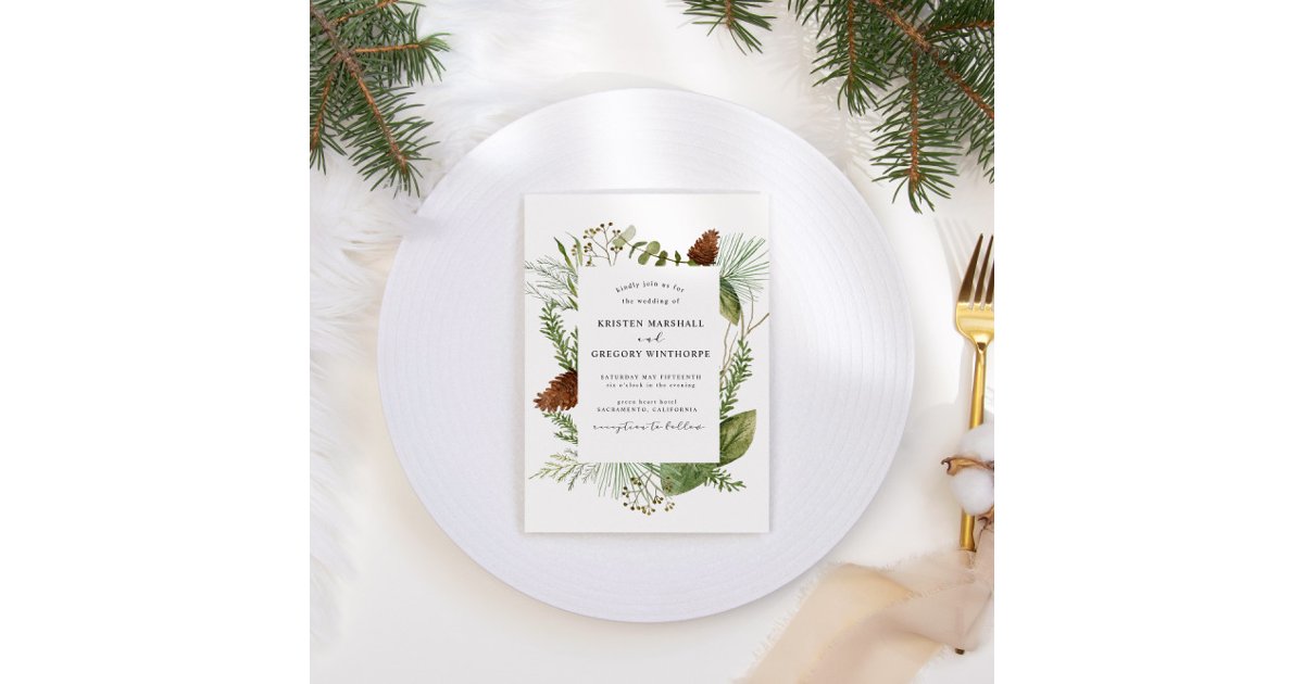 Elegant Watercolor Winter Greenery Wedding Invitation | Zazzle