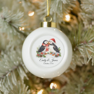 Elegant Watercolor Winter Puffins Personalized Ceramic Ball Christmas Ornament