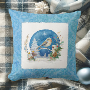 Elegant Watercolor Winter Snow Bird Blue Christmas Throw Pillow