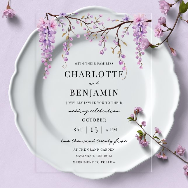 Elegant Watercolor Wisteria Branch Garden Wedding Acrylic Invitations (Creator Uploaded)