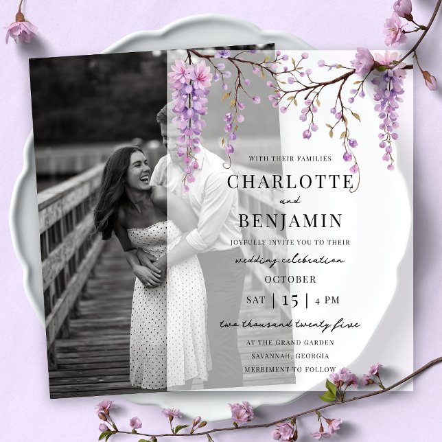 Elegant Watercolor Wisteria Branch Garden Wedding Vellum Invitations (Creator Uploaded)