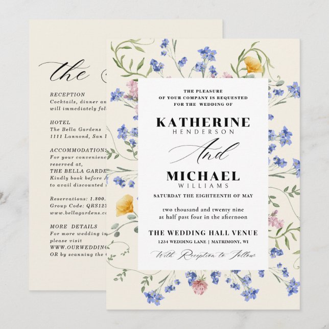 Elegant Watercolor Wldflowers Meadow Details RSVP Invitation (Front/Back)