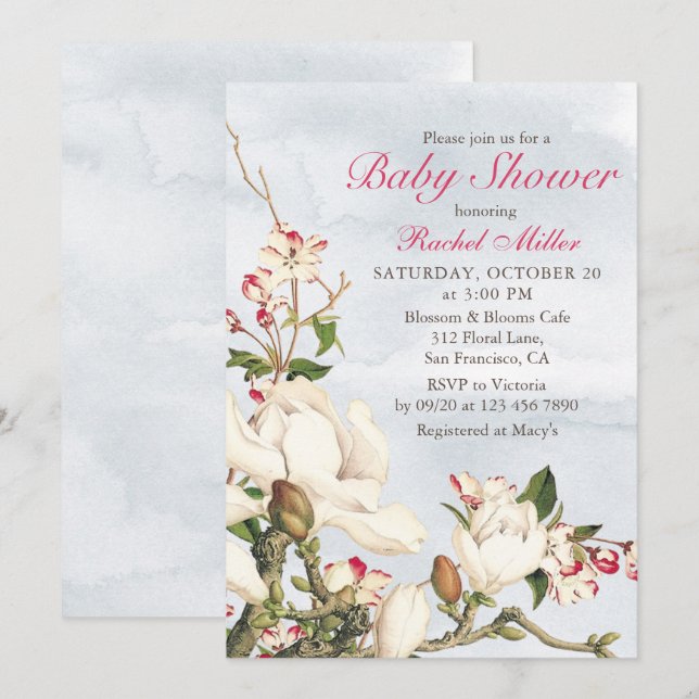 Elegant Watercolor Woodland Floral Baby Shower Invitation (Front/Back)