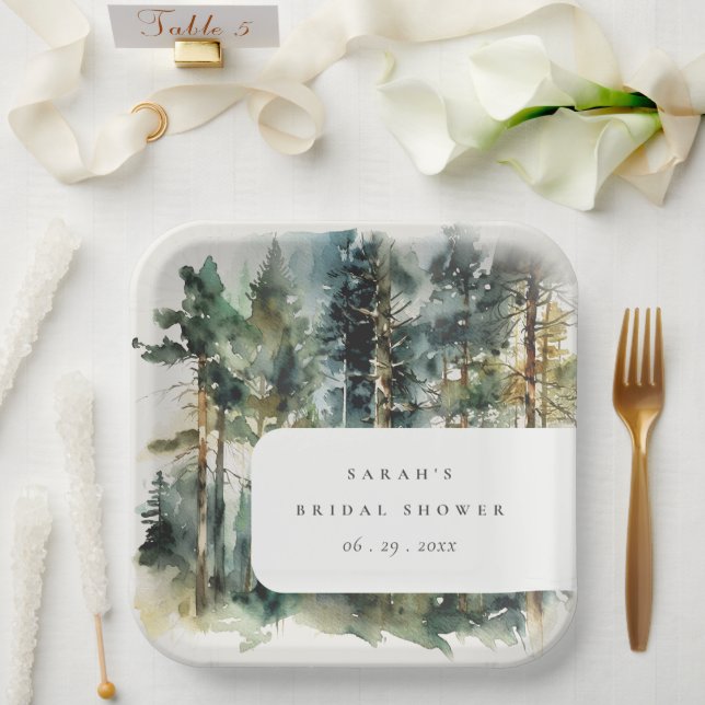 Elegant Watercolor Woodland Forest Bridal Shower Paper Plates (Wedding)