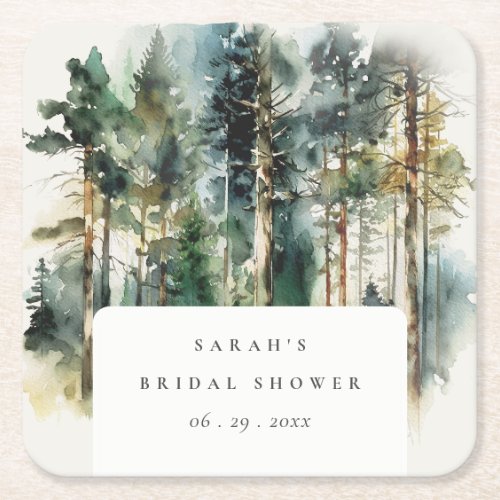 Elegant  Watercolor Woodland Forest Bridal Shower Square Paper Coaster