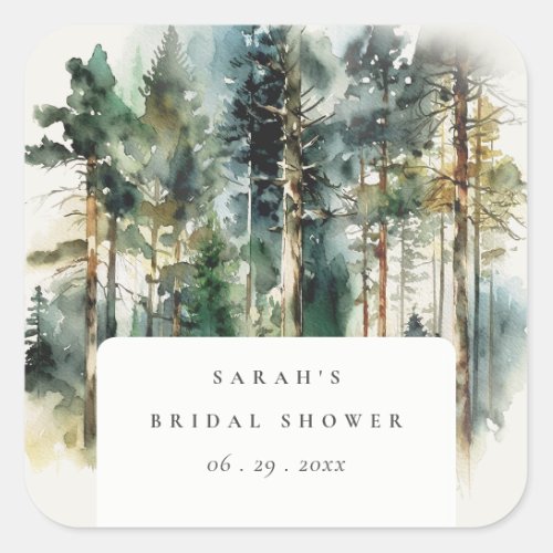 Elegant Watercolor Woodland Forest Bridal Shower Square Sticker