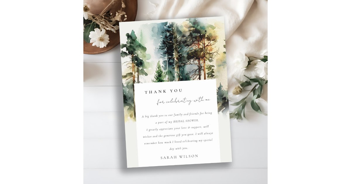 Elegant Watercolor Woodland Forest Bridal Shower Thank You Card | Zazzle