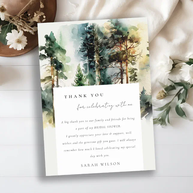 Elegant Watercolor Woodland Forest Bridal Shower Thank You Card | Zazzle