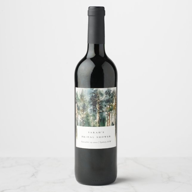 Elegant Watercolor Woodland Forest Bridal Shower Wine Label (Front)