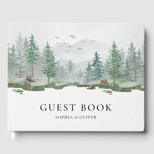 Elegant Watercolor Woodland Forest Rustic Wedding Guest Book (Front)