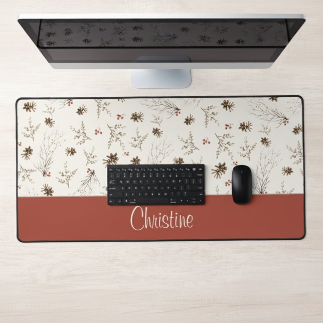 Elegant Watercolor Woodland Winterberry Monogram Desk Mat (Creator Uploaded)