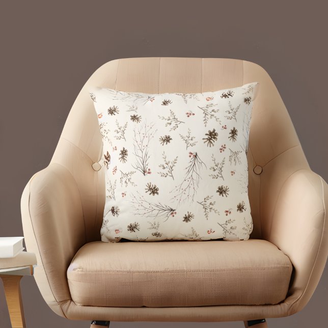Elegant Watercolor Woodland Winterberry Pattern Throw Pillow (Creator Uploaded)