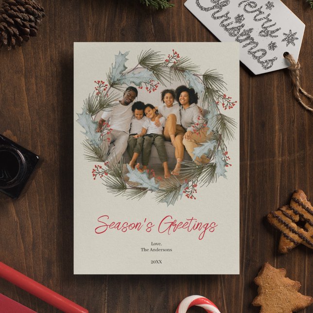 Elegant Watercolor Wreath Christmas Photo Card (Creator Uploaded)