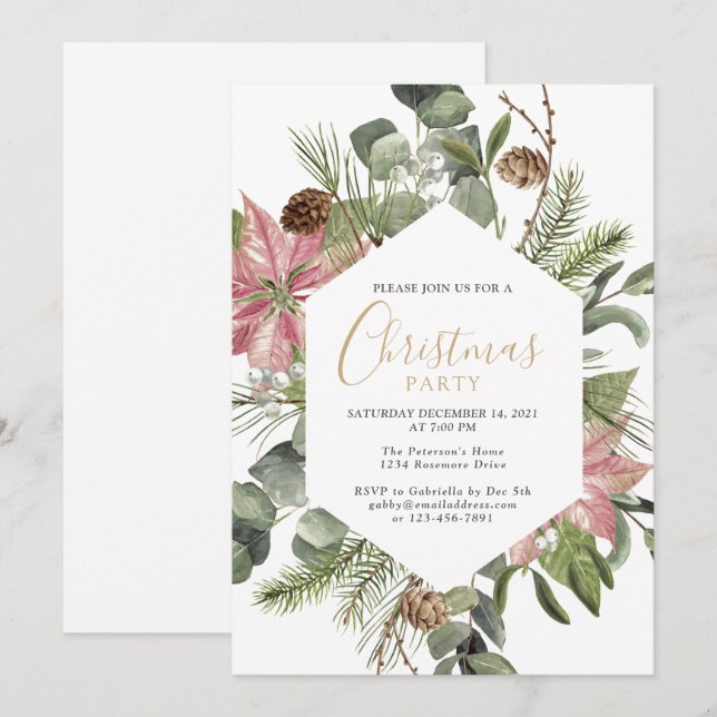 Elegant Watercolor Wreath Gold Christmas Party Invitation (Front/Back)