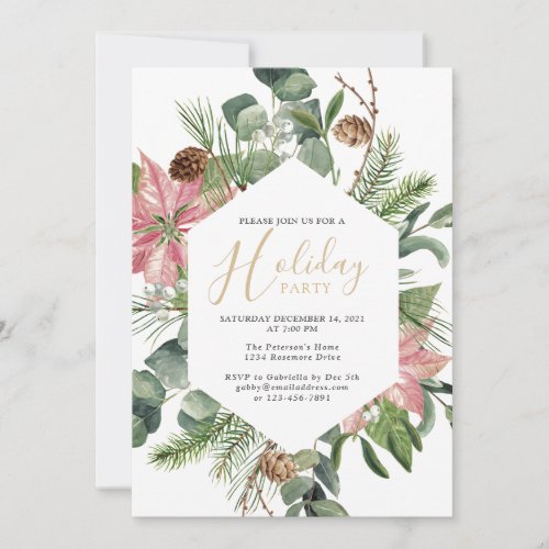 Elegant Watercolor Wreath Gold Holiday Party   Inv Invitation