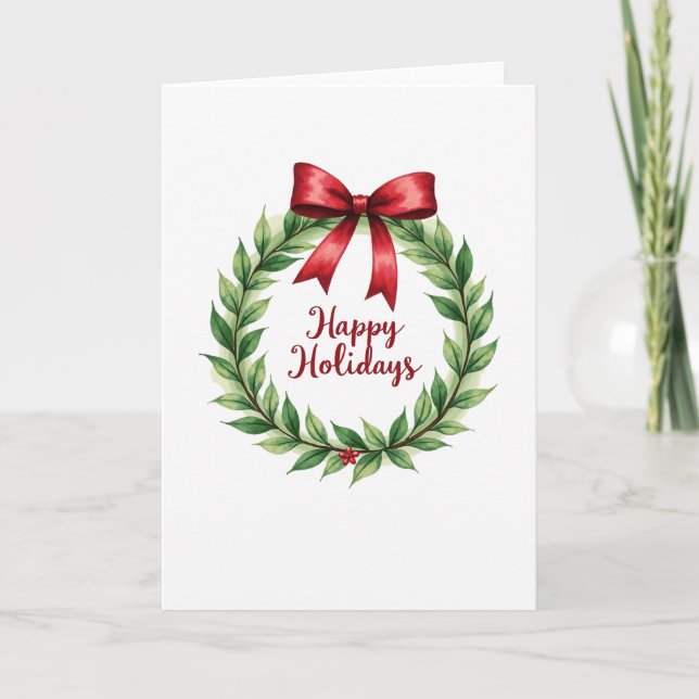 Elegant Watercolor Wreath Happy Holidays Card (Front)