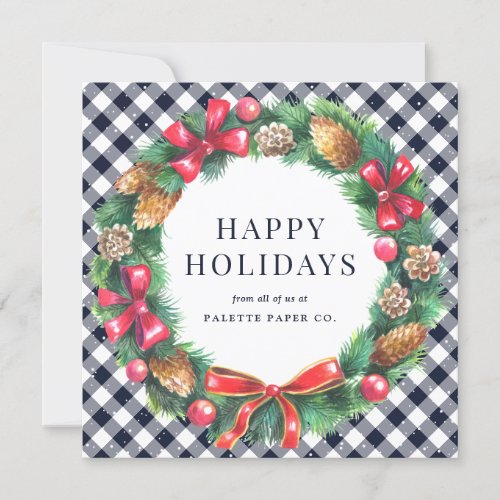 Elegant Watercolor Wreath Snow Blue Business Holiday Card