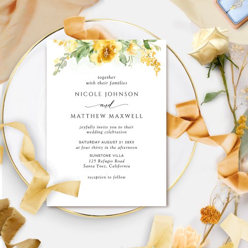 Elegant Watercolor Yellow and Ochre Floral Wedding Invitation