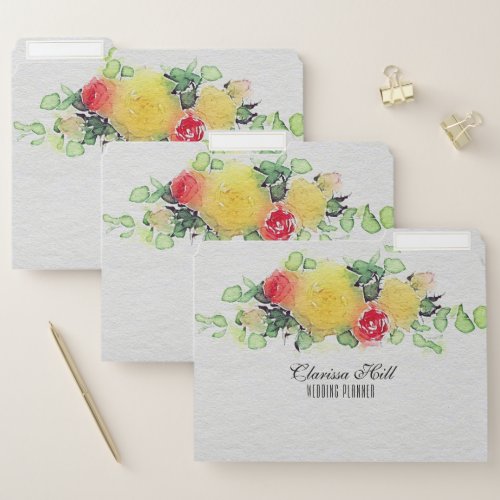 Elegant Watercolor Yellow And Pink Floral Bouquet  File Folder