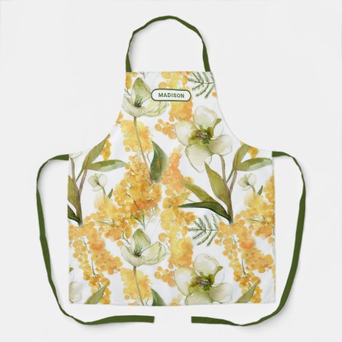 Elegant Watercolor Yellow Botanical Floral Name Apron