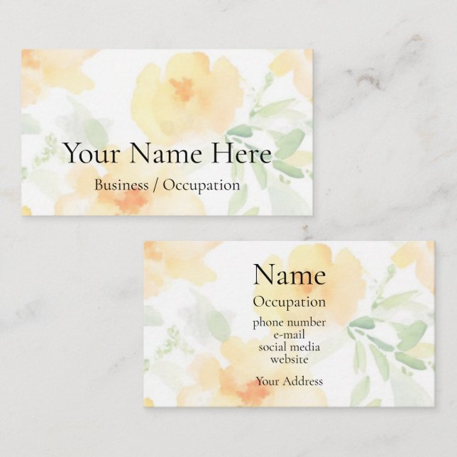 Elegant watercolor yellow floral boho greenery business card (Front/Back)