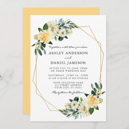 Elegant Watercolor Yellow Floral Gold Frame Invitation