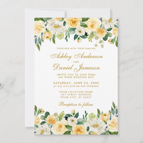 Elegant Watercolor Yellow Gold Green Wedding Invitation