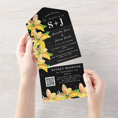Elegant Watercolor Yellow Lily Floral Wedding RSVP All In One Invitation