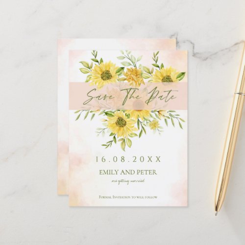 Elegant Watercolor Yellow Sunflower Floral Wedding Announcement Postcard