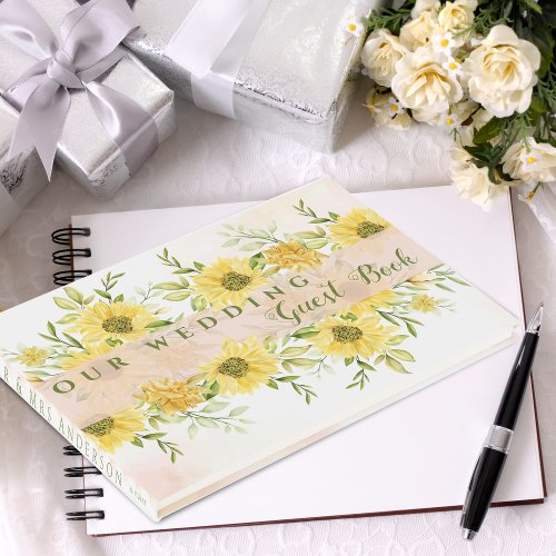 Elegant Watercolor Yellow Sunflower floral Wedding Guest Book