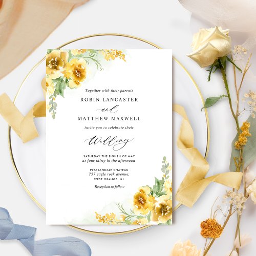 Elegant Watercolor Yellow Tones Floral Wedding Invitation