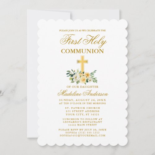 Elegant Watercolor Yellow White Floral Communion Invitation