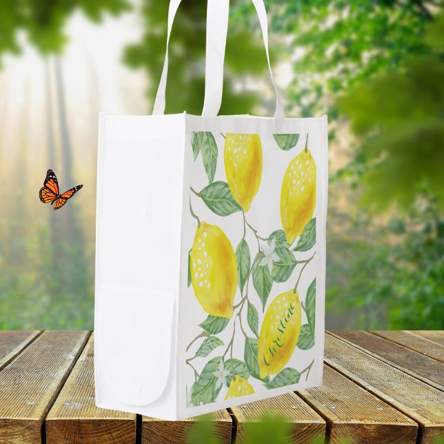 Elegant watercolored lemon pattern on white name reusable grocery bag (Creator Uploaded)