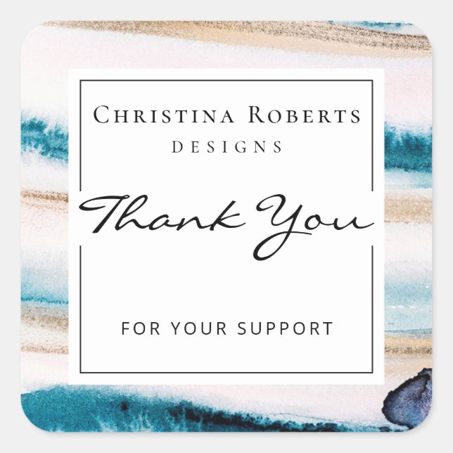 Elegant Watercolors Blue Gold Thank You Square Sticker (Front)
