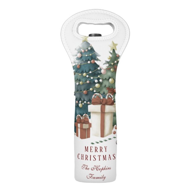 Elegant Watercolour Christmas Tree Wine Bag (Front)