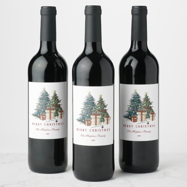 Elegant Watercolour Christmas Tree Wine Label (Bottles)