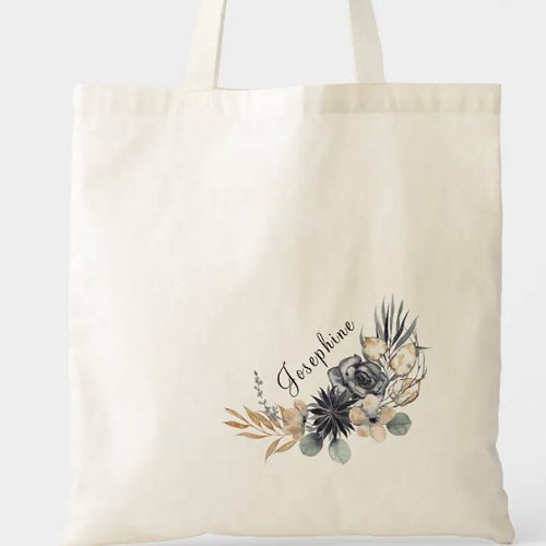 Elegant Watercolour Dark Floral Pattern  Name Tote Bag
