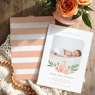 Elegant Watercolour Floral Cross Baptism Photo Invitation