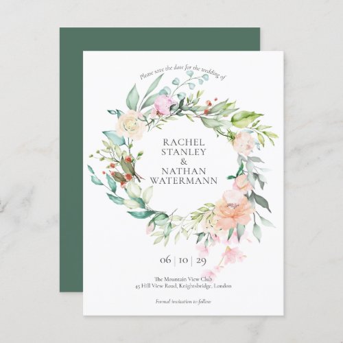 Elegant Watercolour Floral Garland Save the Date Announcement Postcard