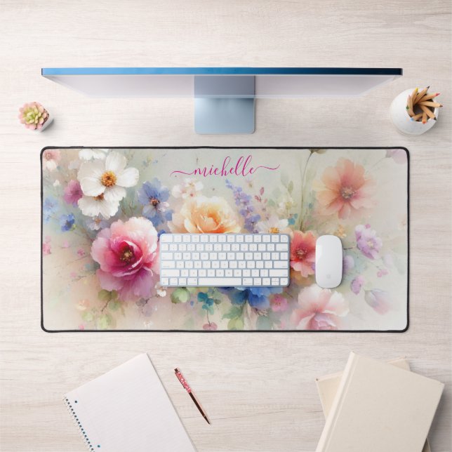 Elegant Watercolour Flowers Custom Name Text Desk Mat (Office 1)