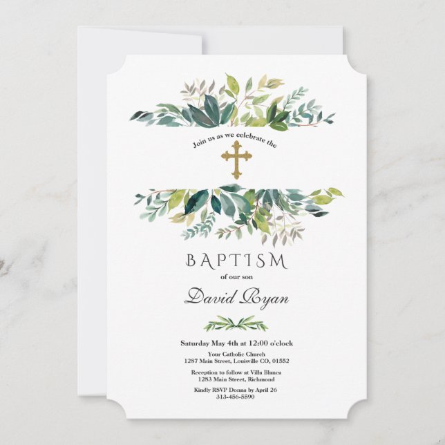 Elegant Watercolour Foliage Frame Gold Baptism Invitation (Front)
