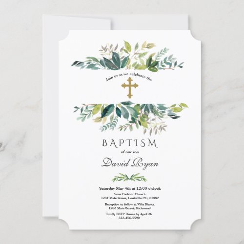 Elegant Watercolour Foliage Frame Gold Baptism Invitation