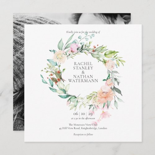 Elegant Watercolour Greenery Floral Photo Wedding Invitation